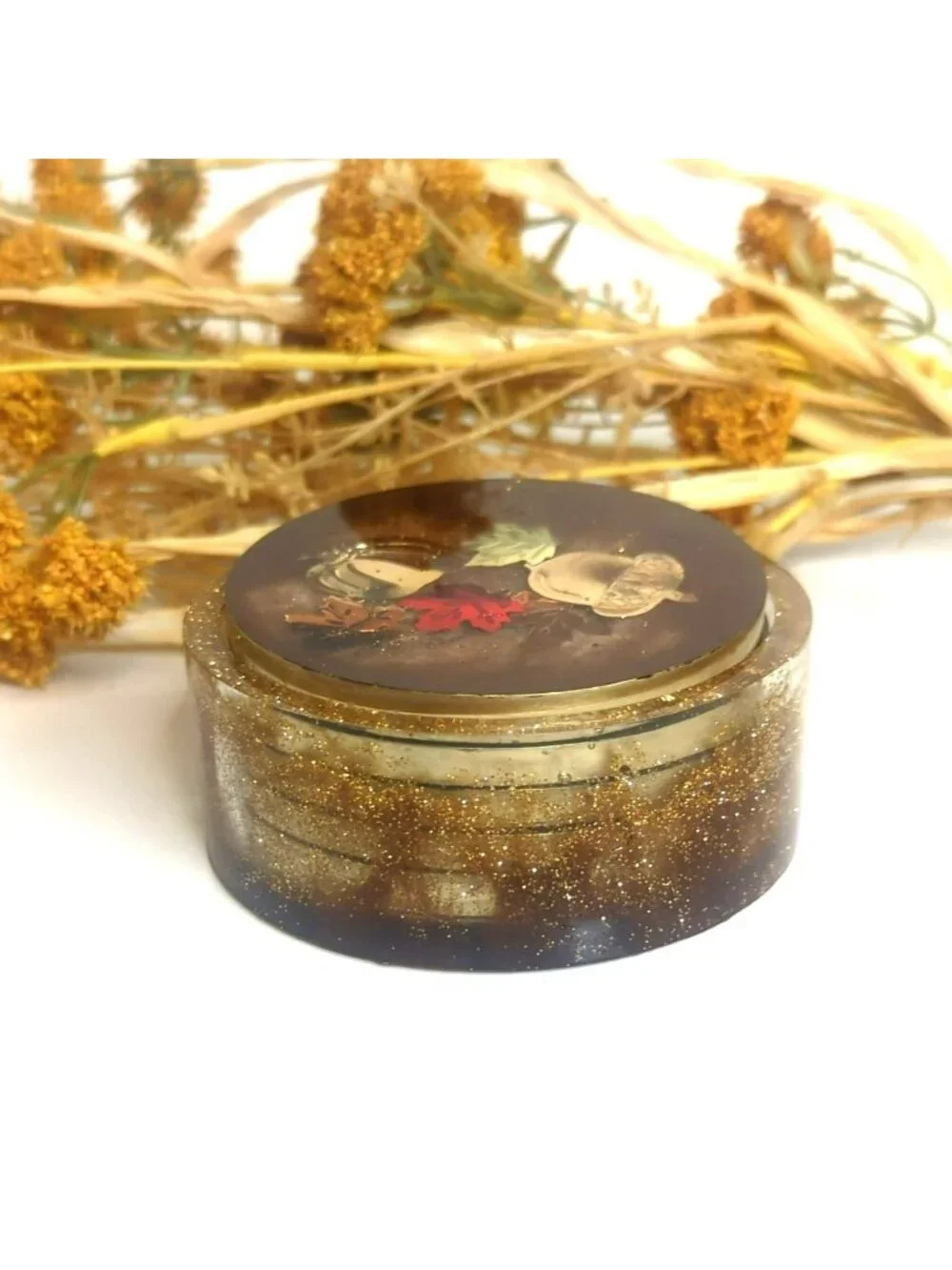 Handmade Resin Round Coaster Set With Holder Fall Autumn Themed Leaves Pumpkin